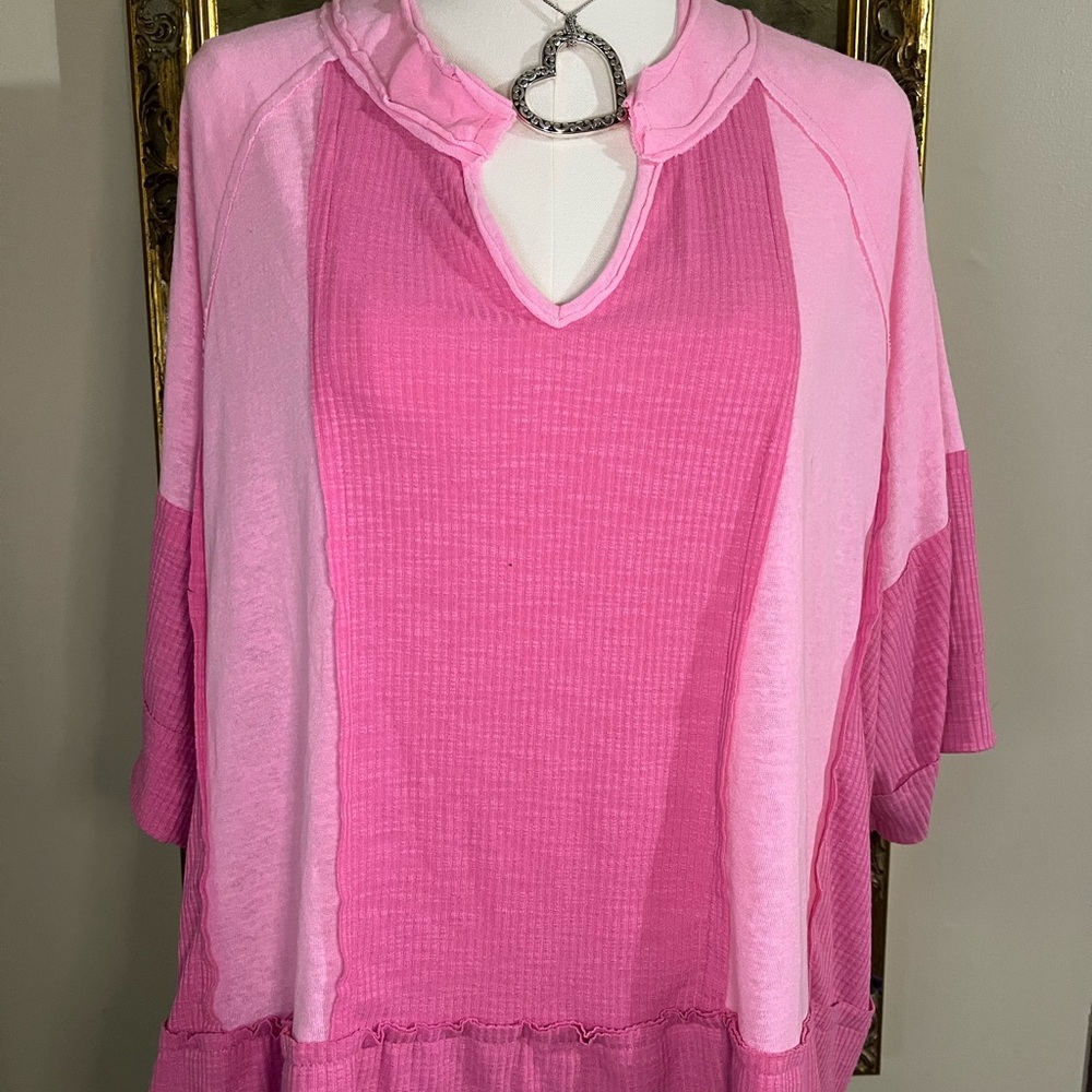 POL Pink V-Neck Waffle Knit Top